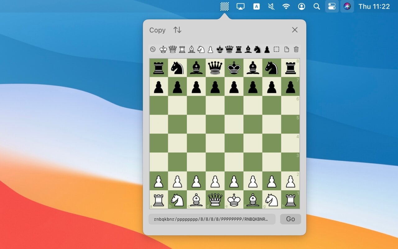 Chessbar Mini popover showing a chess position on macOS